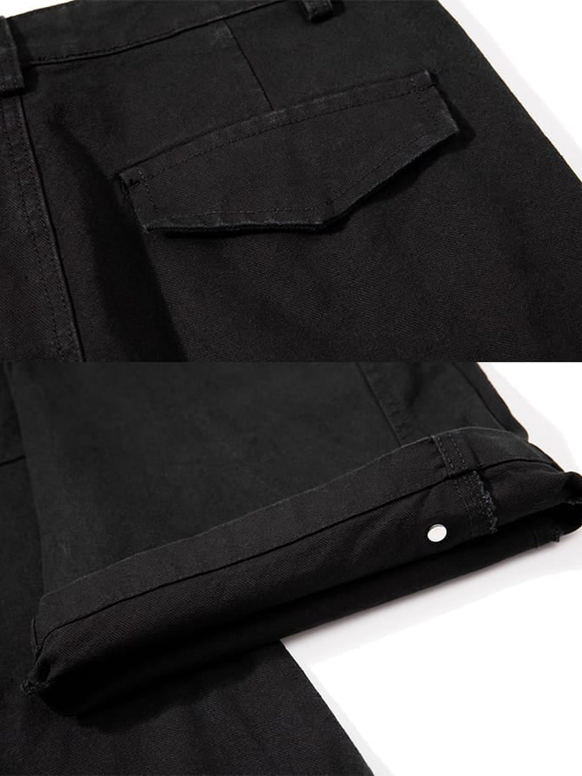 Pantalones barrel plisados – Negro, detalle del bolsillo trasero y el dobladillo | XoKool