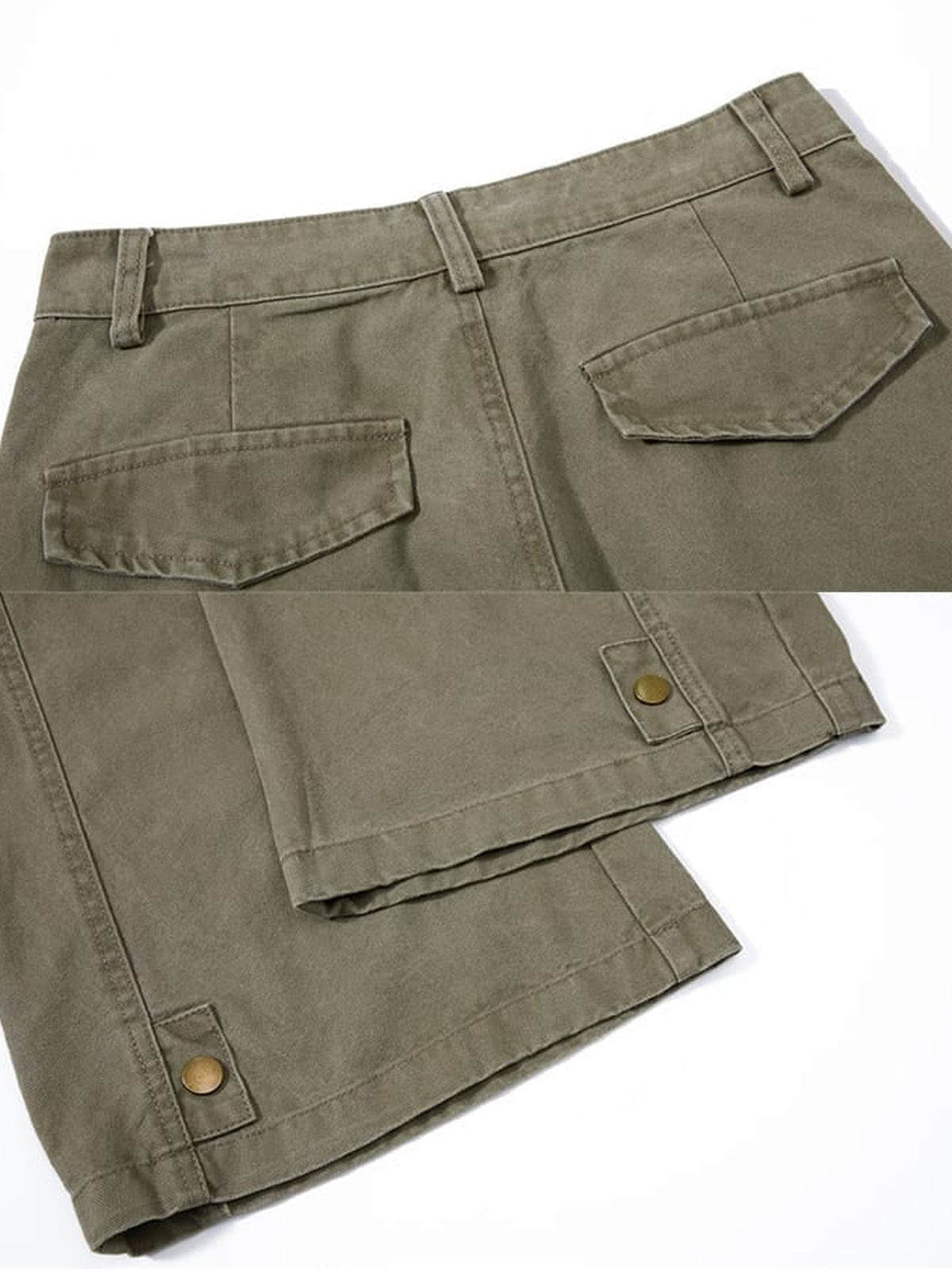 Pantalones barrel plisados – Verde oliva, detalle del bolsillo trasero y el broche del dobladillo | XoKool