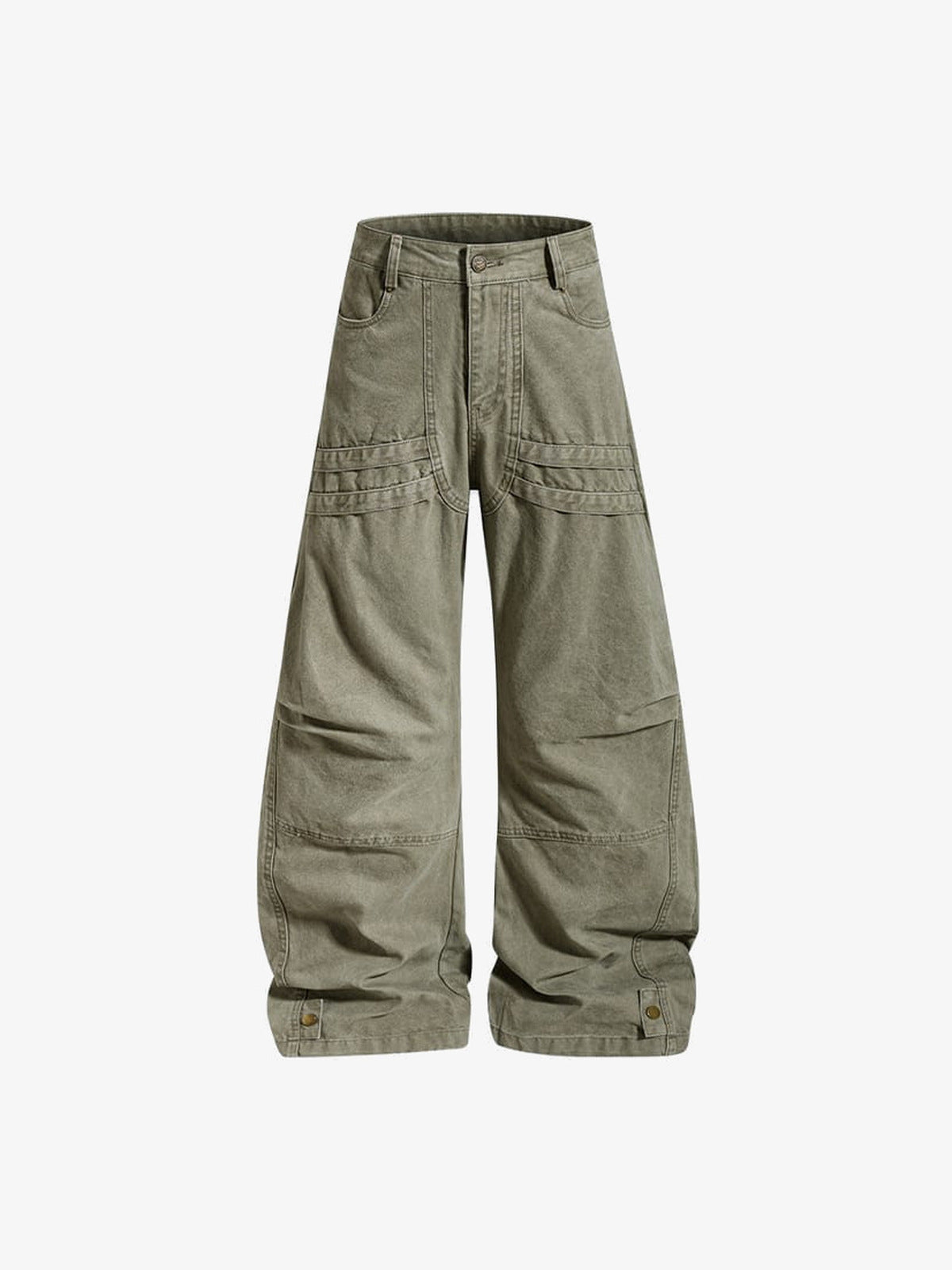 Pantalones barrel con pliegues en las rodillas – Verde oliva, frontal plana | XoKool