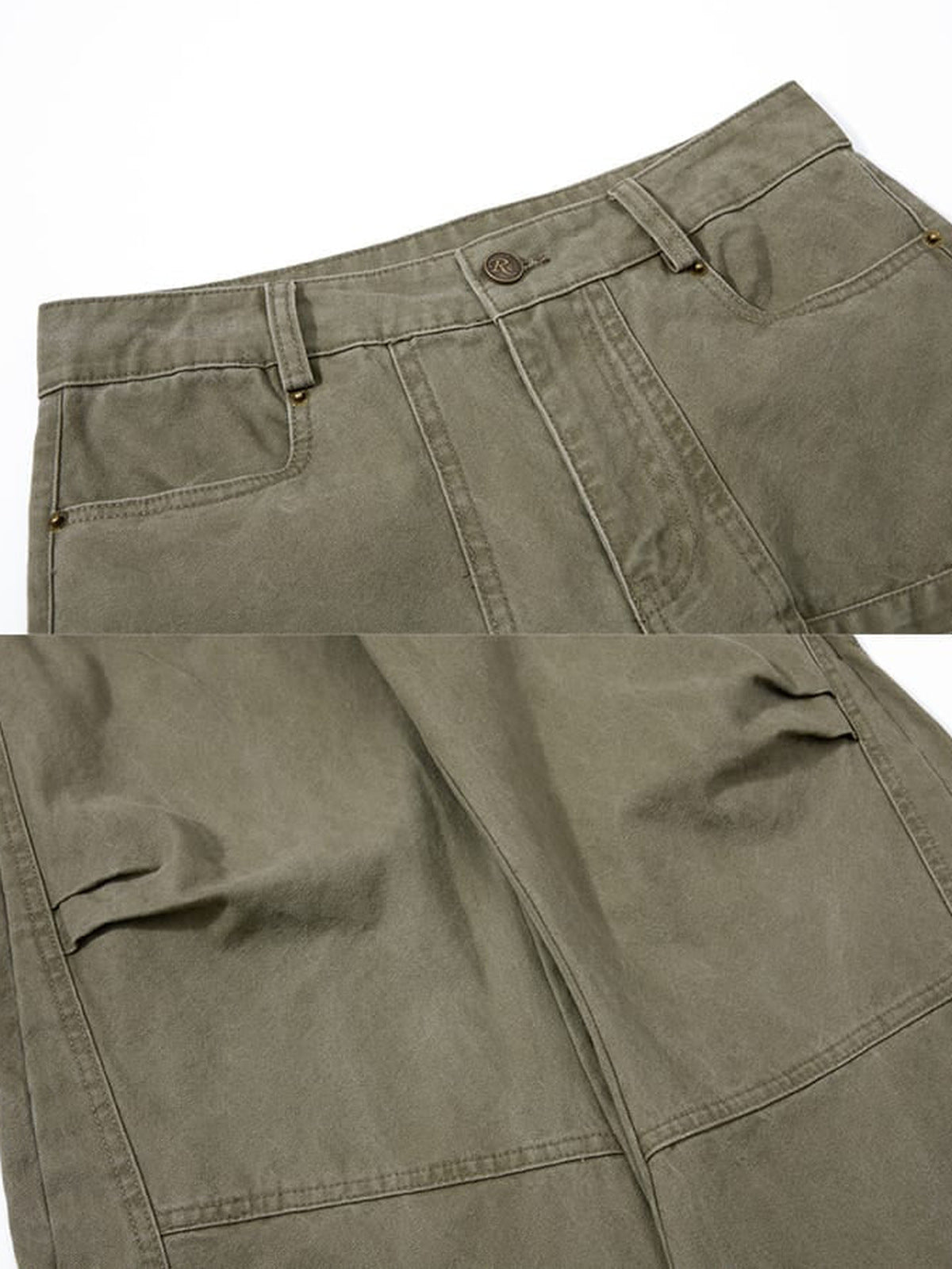 Pantalones barrel plisados – Verde oliva, detalle de la cintura y los pliegues | XoKool