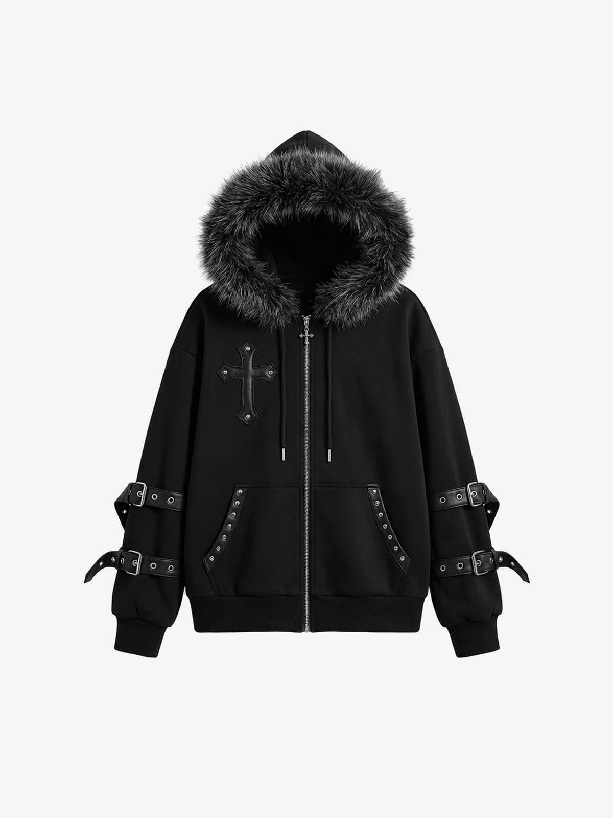 Zip Hoodie mit Fledermausärmeln und Kunstfell-Kapuze – Schwarz, Vorderansicht | XoKool