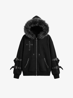 Hoodie con cierre y alas de murciélago con capucha de piel sintética – negro, vista frontal | XoKool