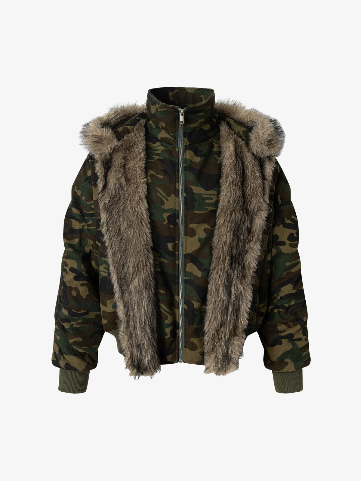 Vintage Camouflage Fur Collar Quilted Hooded Bomber Jacket