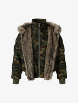 Vintage Camouflage Fur Collar Quilted Hooded Bomber Jacket