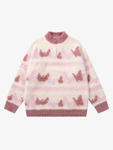 Contrast Stripe Butterfly Jacquard Half-zip Sweater