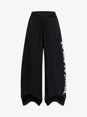 Retro Letter Print Drawstring Straight-Leg Wide Pants - thumbnail 1