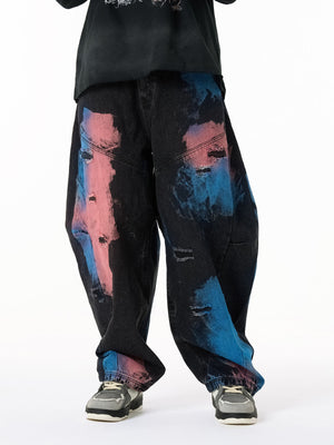 Vintage Tie-Dye Contrast Color Ripped Barrel Jeans - thumbnail 3