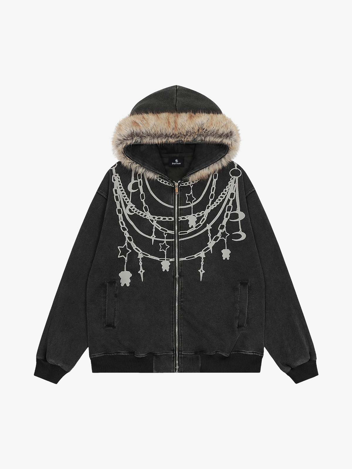 Retro Chain-Decorated Washed Fur Collar Hooded Jacket