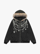 Retro Chain-Decorated Washed Fur Collar Hooded Jacket