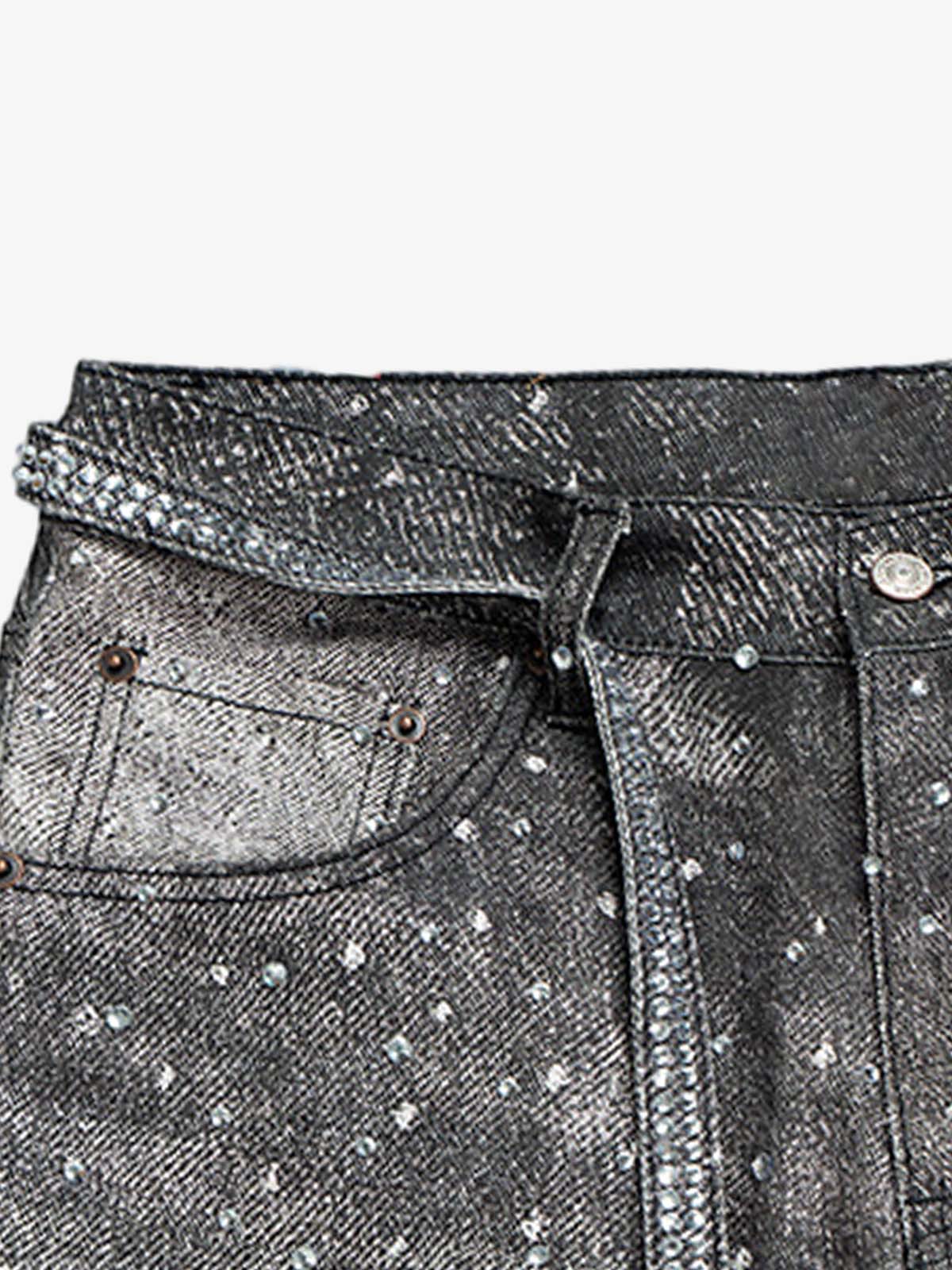 Denim Distressed Belt Diamond Decorated Jeans - image 11
