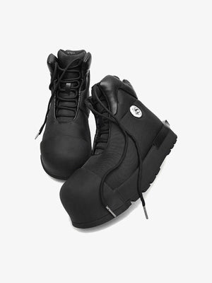 Big Round Toe High Top Boots zum Schnüren – Komplett Schwarz, Paar von oben | XoKool