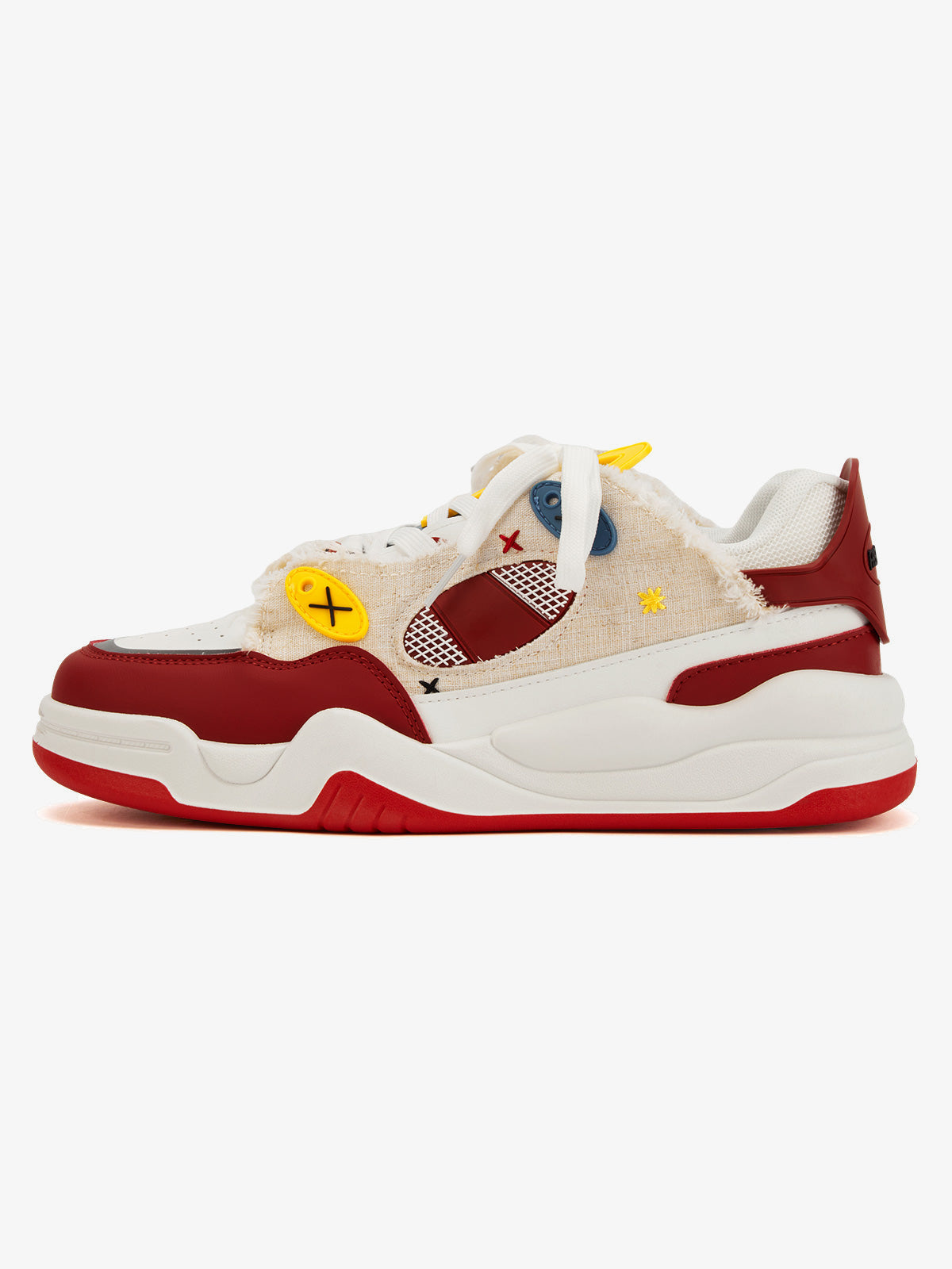 Retro Chunky Sneakers with Frayed Patchwork – Red, side view | XoKool