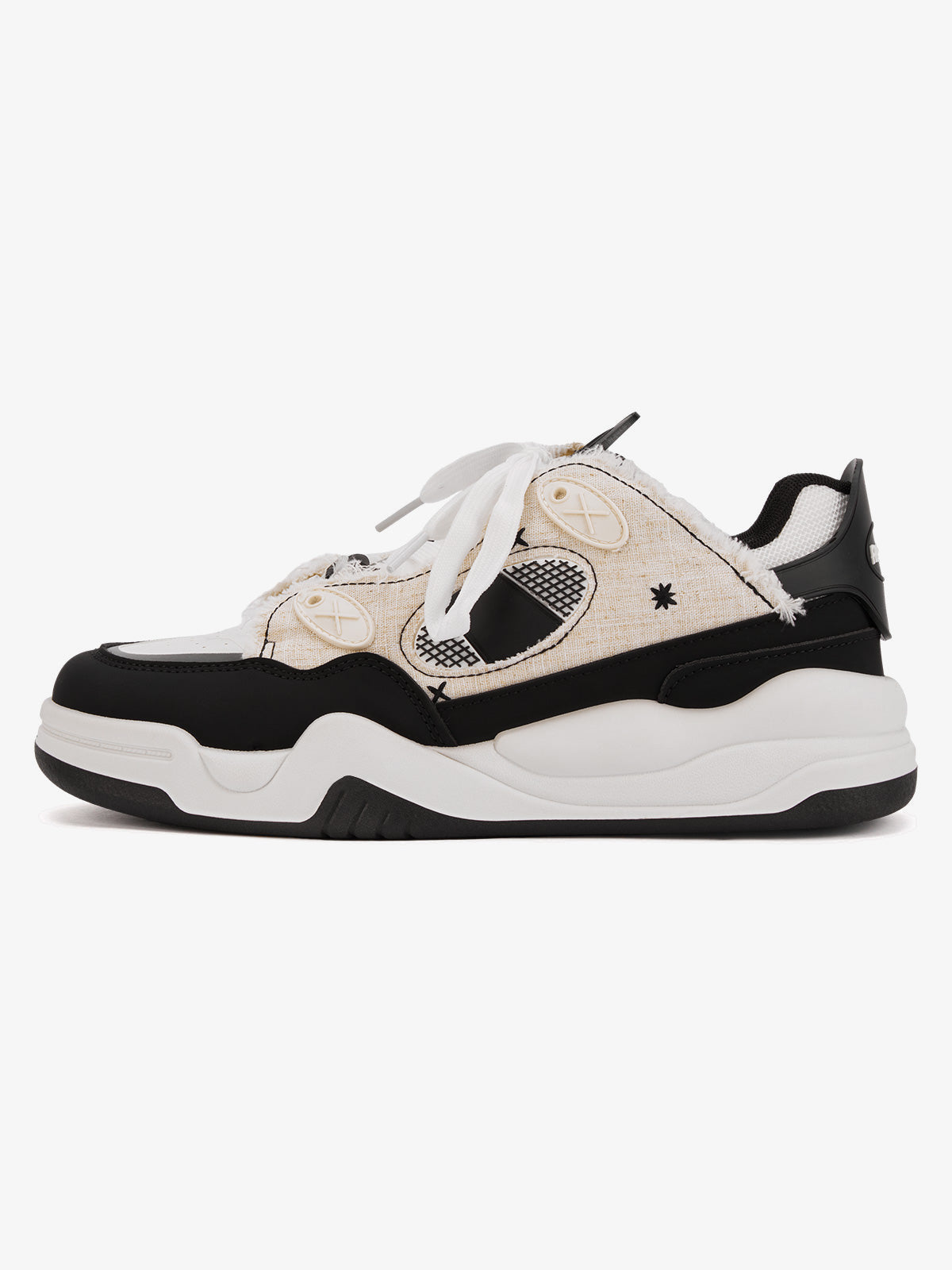 Retro Chunky Sneakers with Frayed Patchwork – Black, side view | XoKool