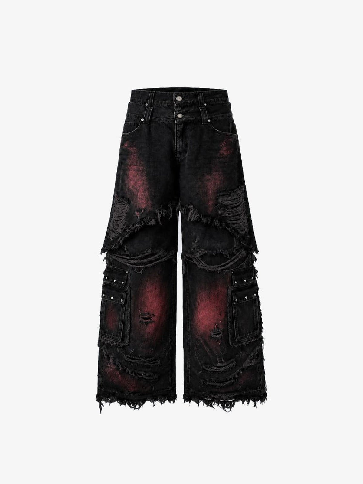 Schwarze Baggy Cargo Jeans mit rotem Fade – Vorderseite flach | XoKool