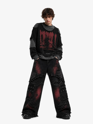 Schwarze Baggy Cargo Jeans mit rotem Fade – am Model, Vorderansicht | XoKool