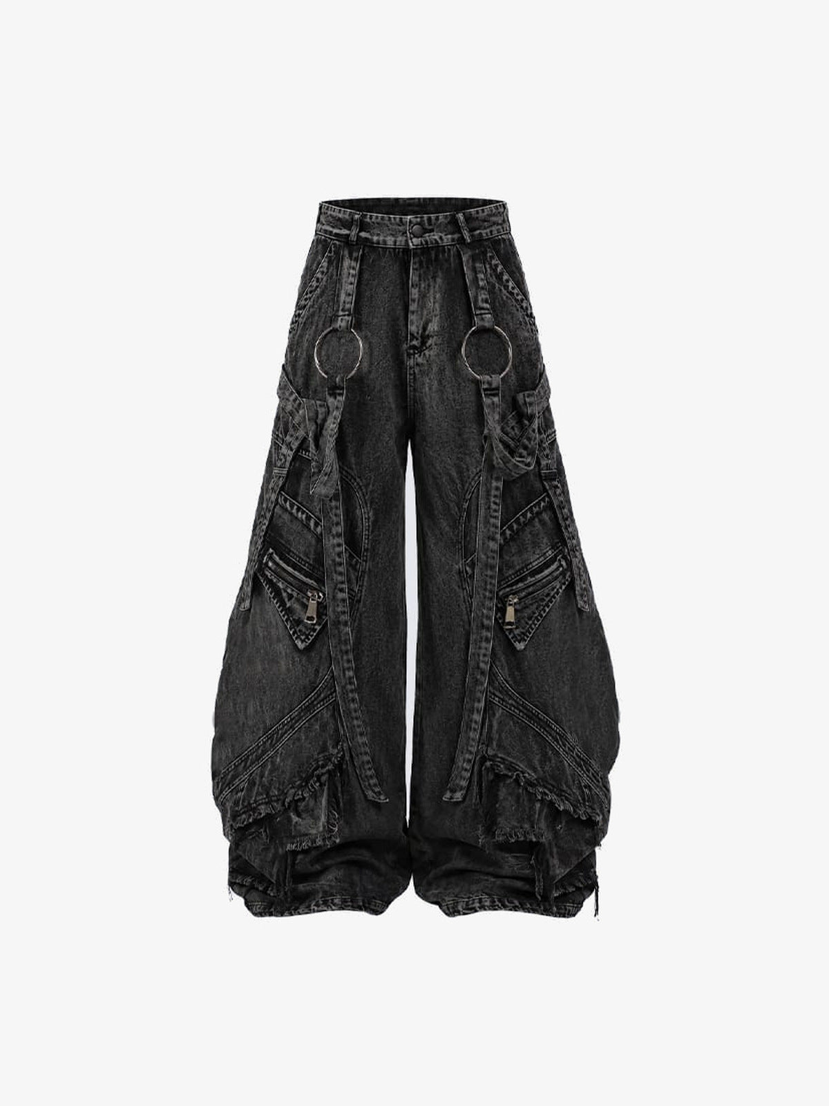 Jeans cargo baggy negros con correas y anillas en O – frente en plano | XoKool