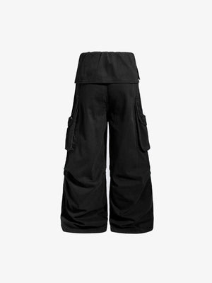 Pantalones cargo baggy negros con cintura doblada – negro, espalda, vista plana | XoKool