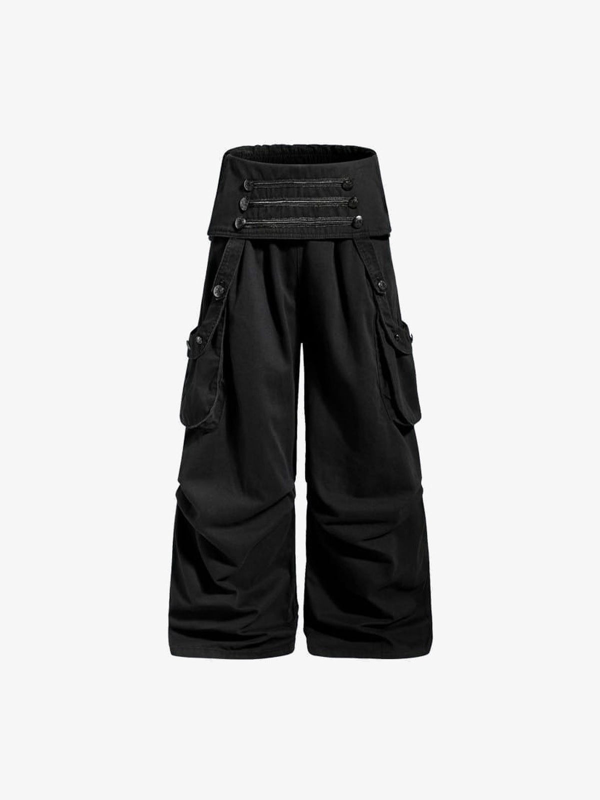 Pantalones cargo baggy negros con cintura doblada – negro, frente, vista plana | XoKool