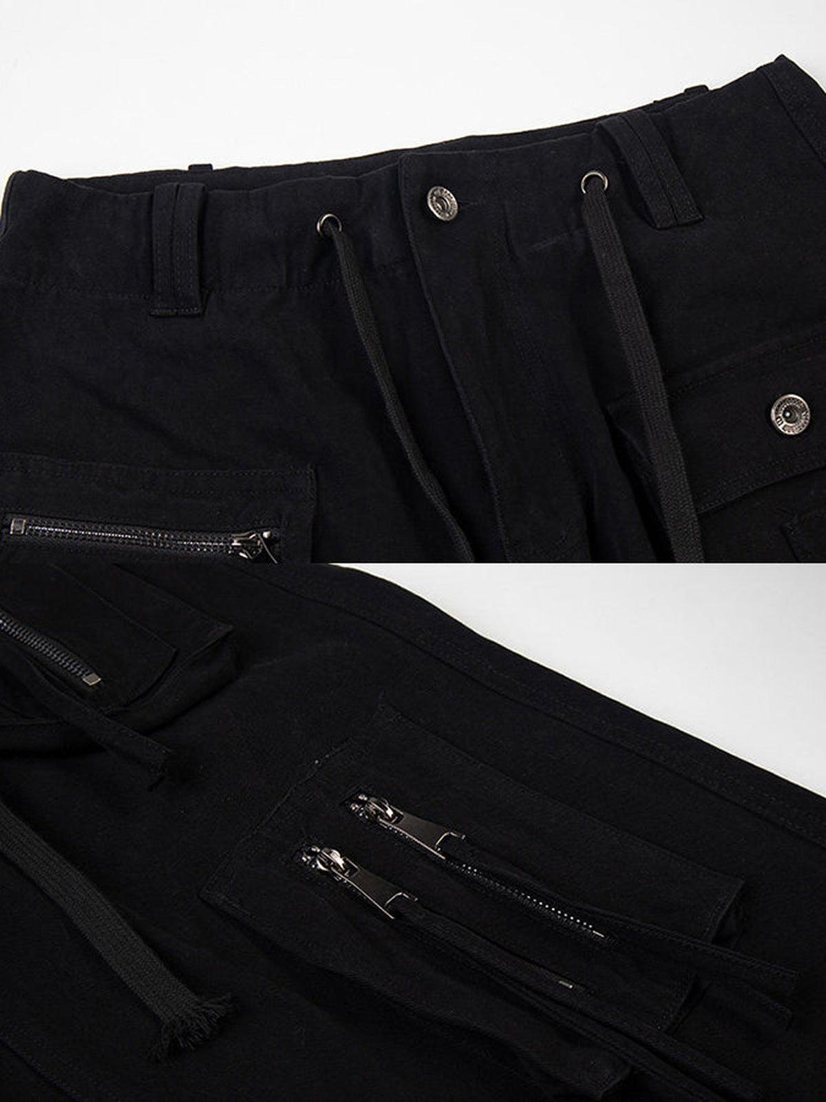 Baggy cargo pants – Black, waist and zip pocket close-up | XoKool