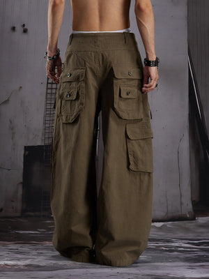 Baggy cargo pants – Olive Brown, on model back | XoKool