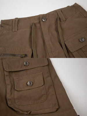 Baggy cargo pants – Olive Brown, waist and pocket close-up | XoKool