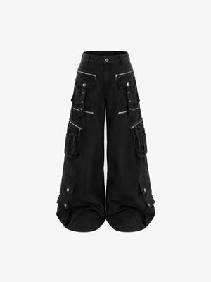 Pantalones cargo baggy negros con cremalleras y broches – negro, vista frontal | XoKool