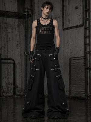 Pantalones cargo baggy negros con cremalleras y broches – en modelo, vista frontal | XoKool