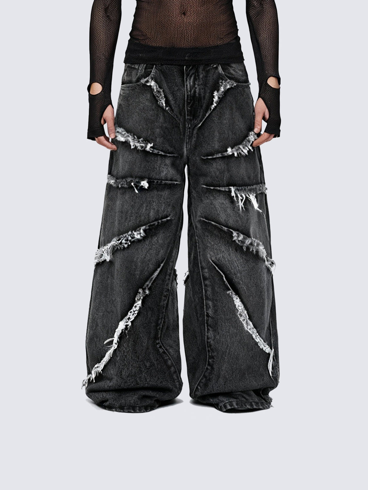 Black Baggy Jeans with Frayed Slash Details – On model front | XoKool