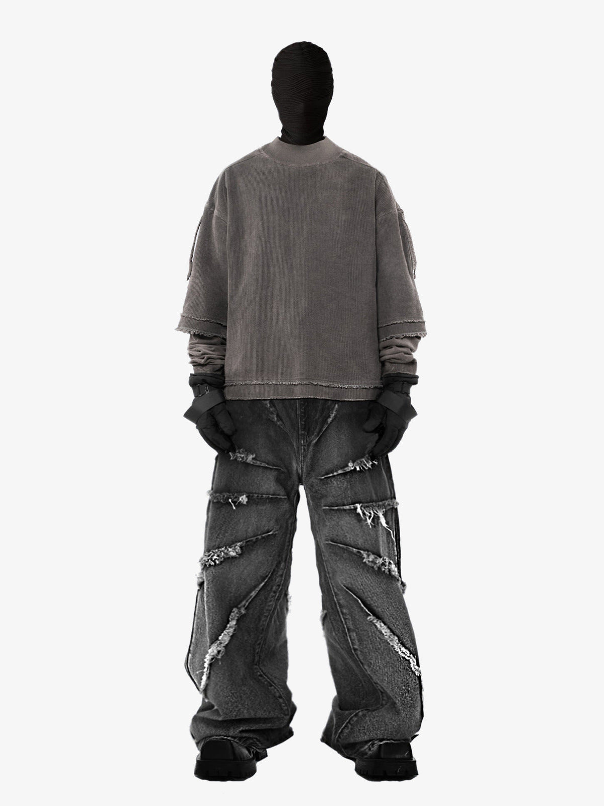 Black Baggy Jeans with Frayed Slash Details – On model full outfit | XoKool