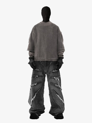 Black Baggy Jeans with Frayed Slash Details – On model full outfit | XoKool