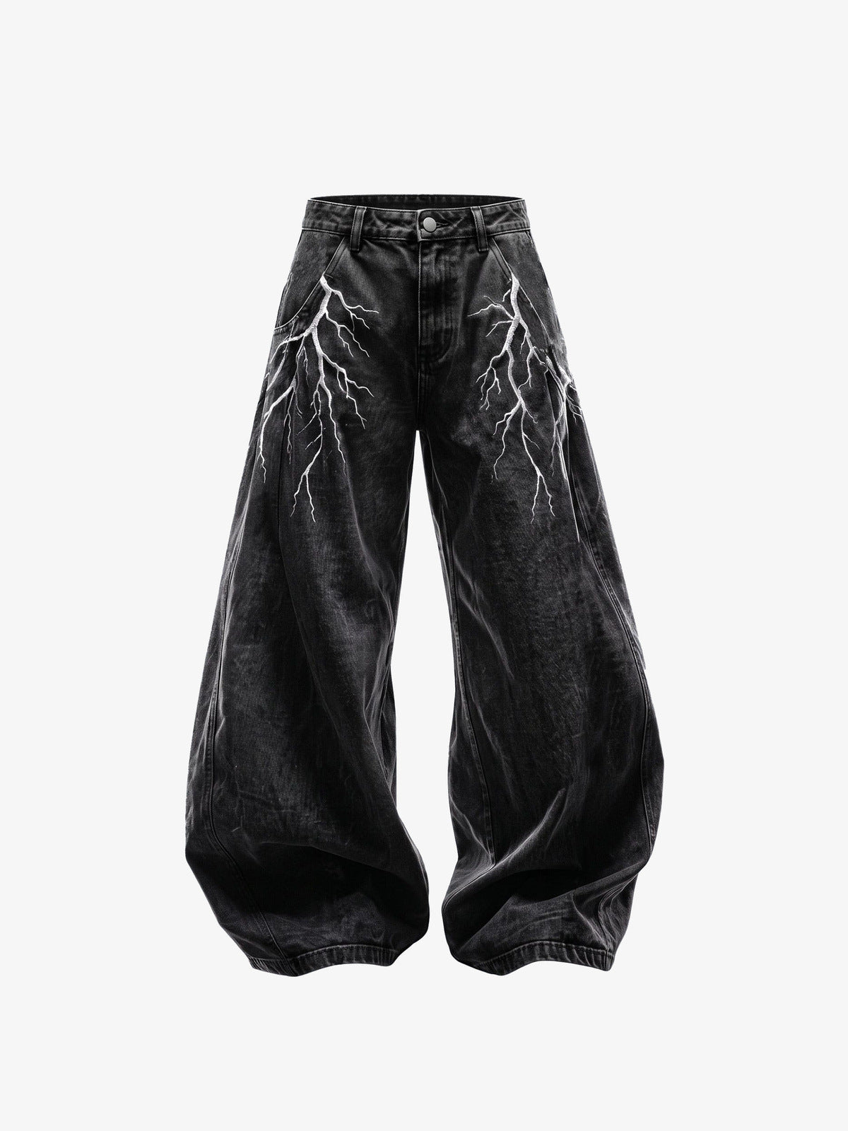 Schwarze Baggy Jeans mit Blitz-Stickerei – Vorderseite flach | XoKool