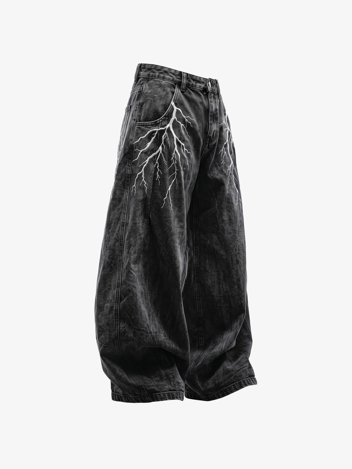 Schwarze Baggy Jeans mit Blitz-Stickerei – Seite flach | XoKool