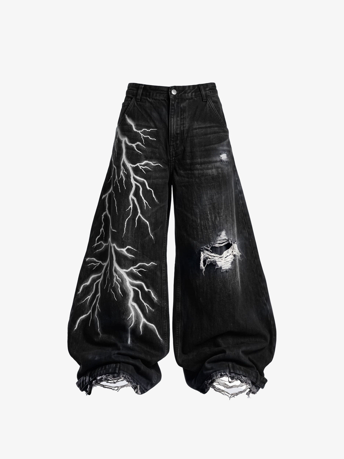 Black Baggy Jeans with Lightning Print – front flat lay | XoKool