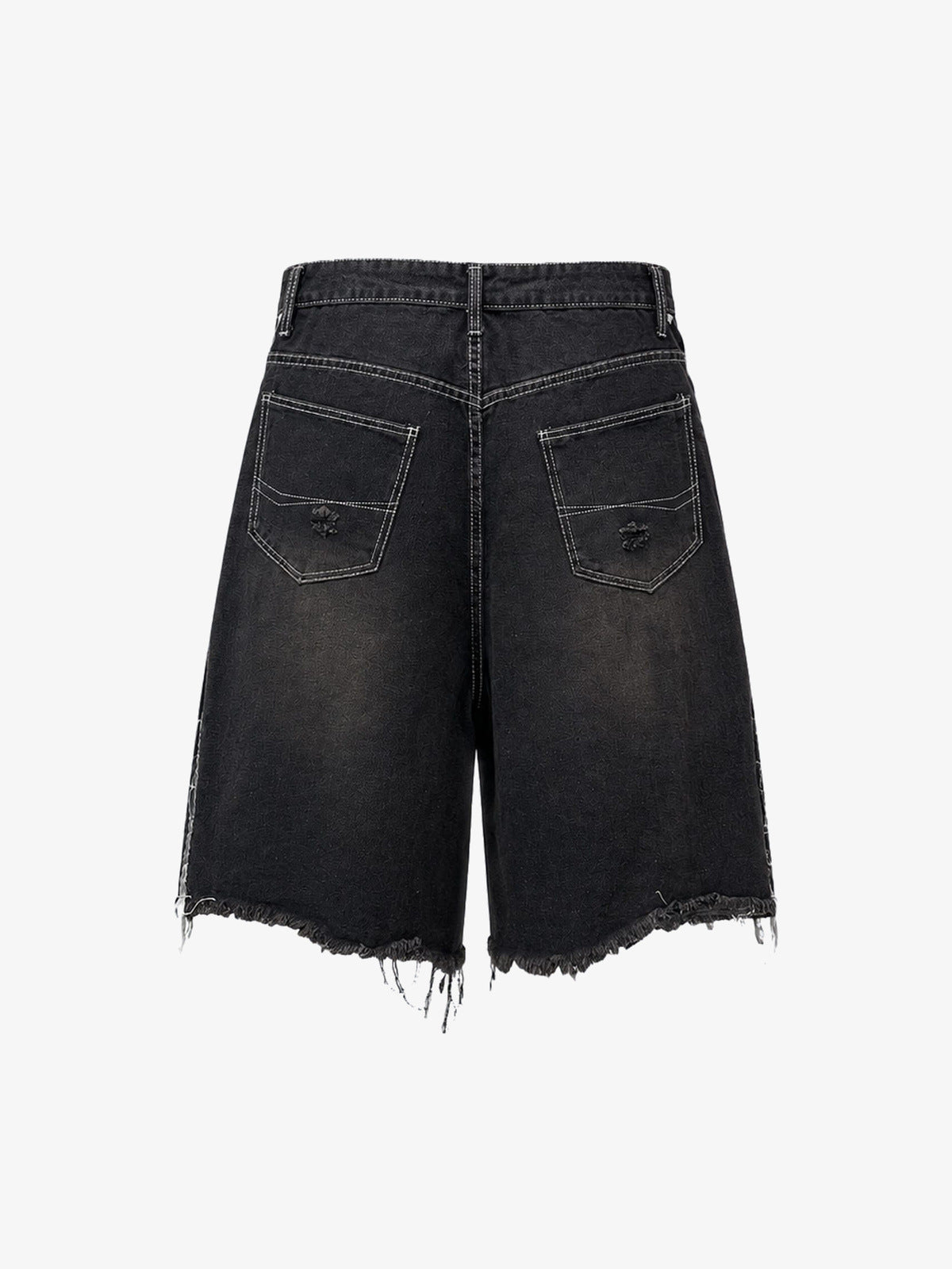 Black Baggy Jorts with Gothic Patch Prints – back flat | XoKool