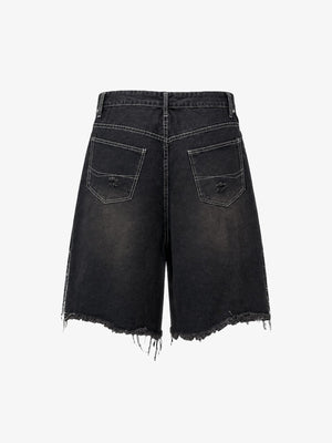 Black Baggy Jorts with Gothic Patch Prints – back flat | XoKool