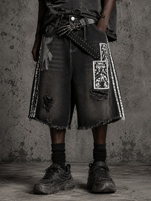 Black Baggy Jorts with Gothic Patch Prints – on model, front close crop | XoKool