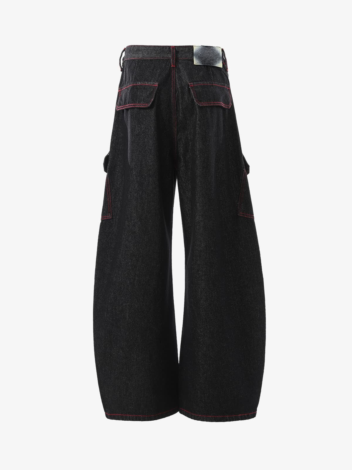 Black Barrel Cargo Jeans with Red Stitching – Black, back view | XoKool