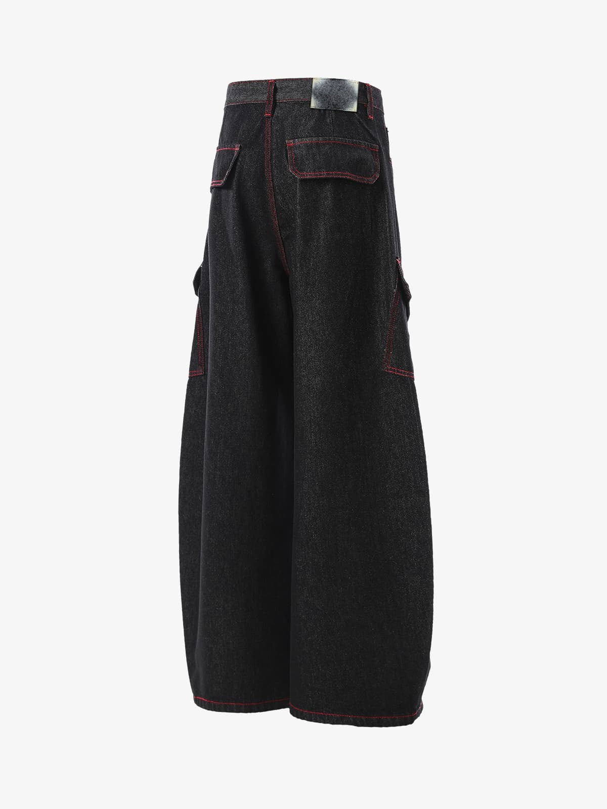 Black Barrel Cargo Jeans with Red Stitching – Black, side back view | XoKool
