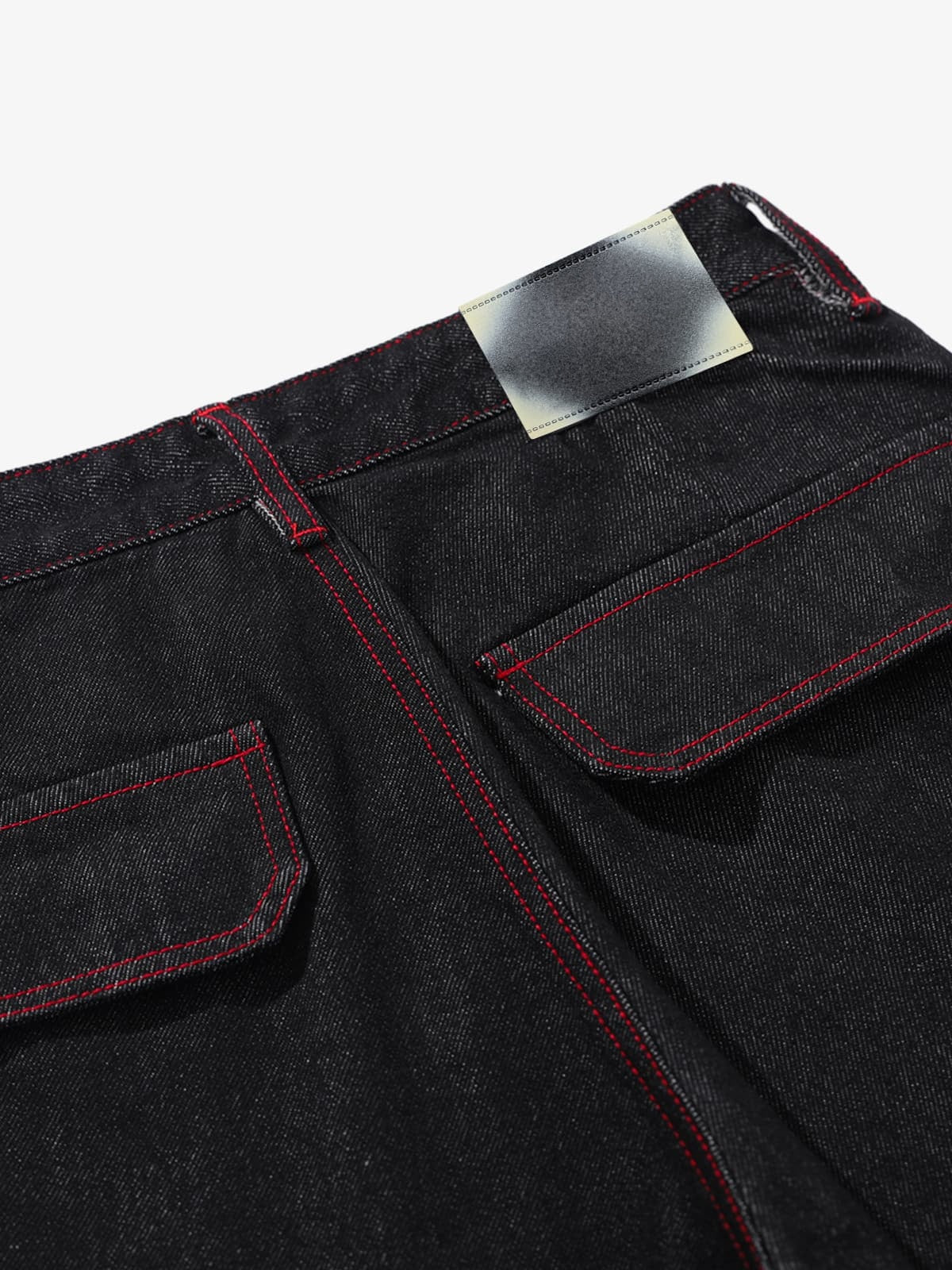 Black Barrel Cargo Jeans with Red Stitching – Black, back flap pocket close-up | XoKool