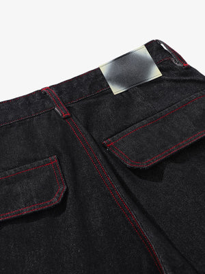 Black Barrel Cargo Jeans with Red Stitching – Black, back flap pocket close-up | XoKool