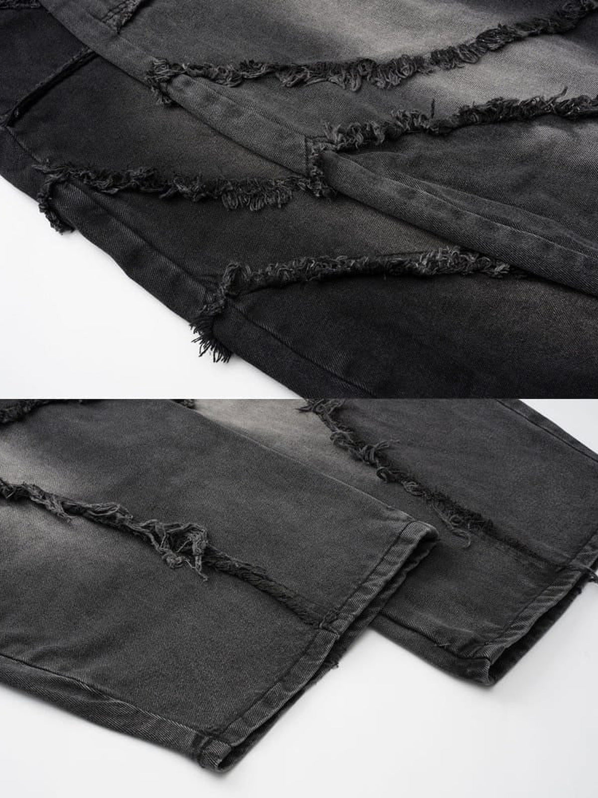 Schwarze Barrel Jeans – Detail von ausgefranster Naht und Saum | XoKool