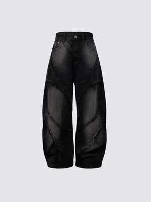 Schwarze Barrel Jeans mit ausgefransten Spiralnähten – Vorderseite flach (dunkler) | XoKool