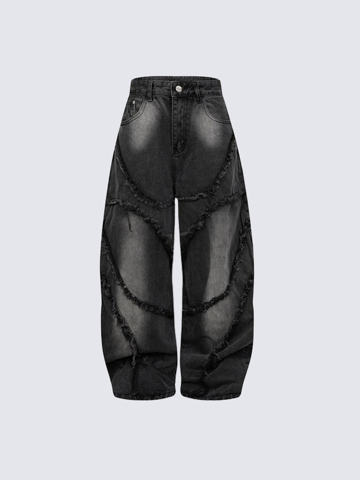 Schwarze Barrel Jeans mit ausgefransten Spiralnähten – Vorderseite flach (heller) | XoKool