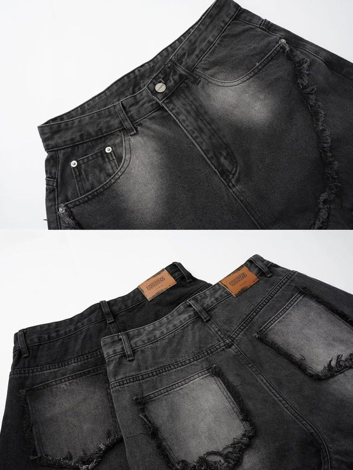 Schwarze Barrel Jeans – Detail von Bund und Patch am Rücken | XoKool