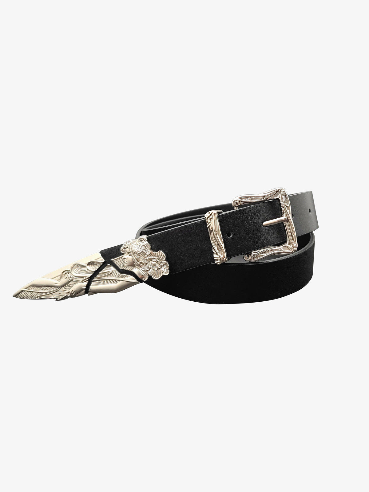 Cinturón negro con hebilla y punta plateadas grabadas – negro, foto del producto sobre fondo gris | XoKool