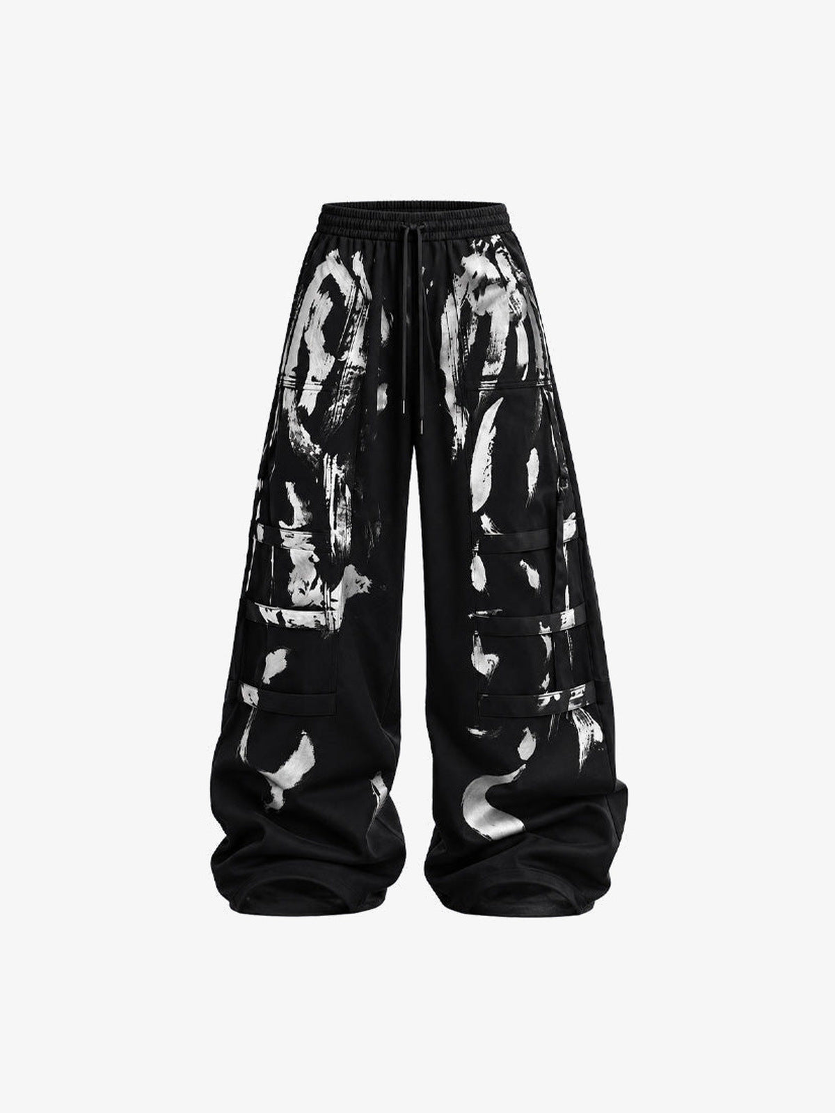 Schwarze Cargo-Jogginghose mit Pinsel-Print und Oberschenkelriemen – Schwarz, Vorderansicht | XoKool