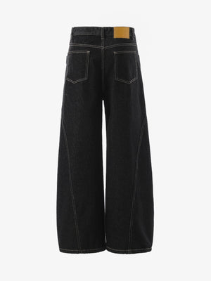 Black Button-Fly Barrel Jeans with Contrast Stitching – Back flat | XoKool