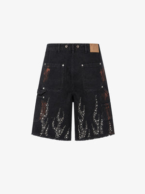 Black Carpenter Jorts with Studded Flames – flat back | XoKool