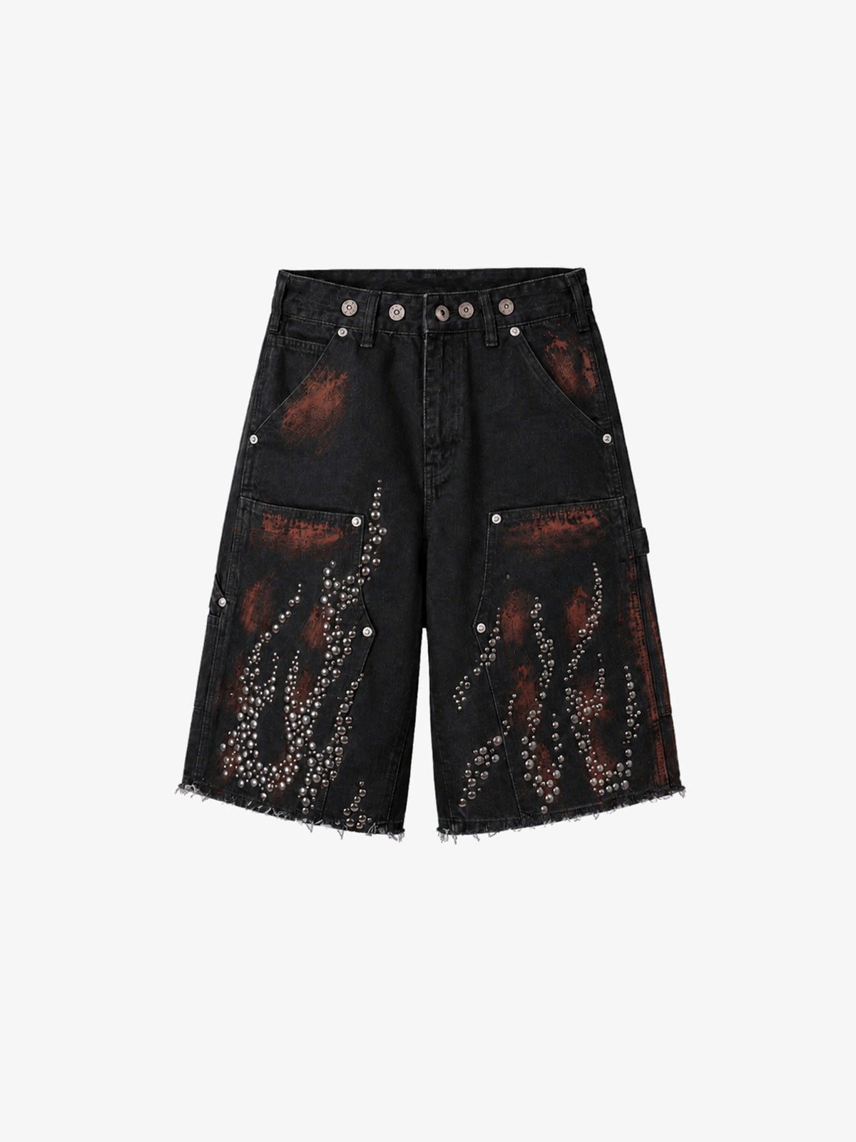 Black Carpenter Jorts with Studded Flames – flat front | XoKool