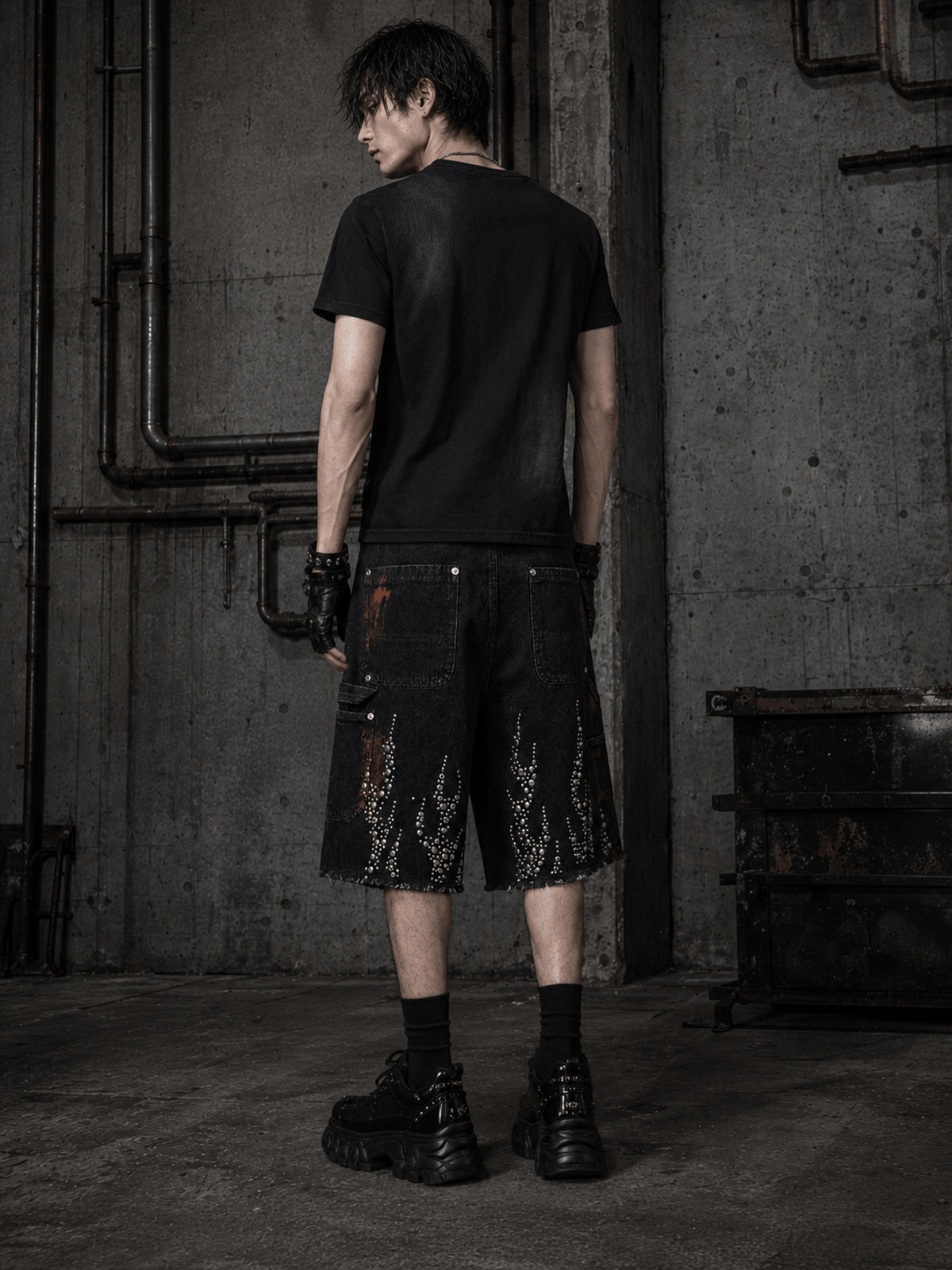 Black Carpenter Jorts with Studded Flames – on model, back | XoKool